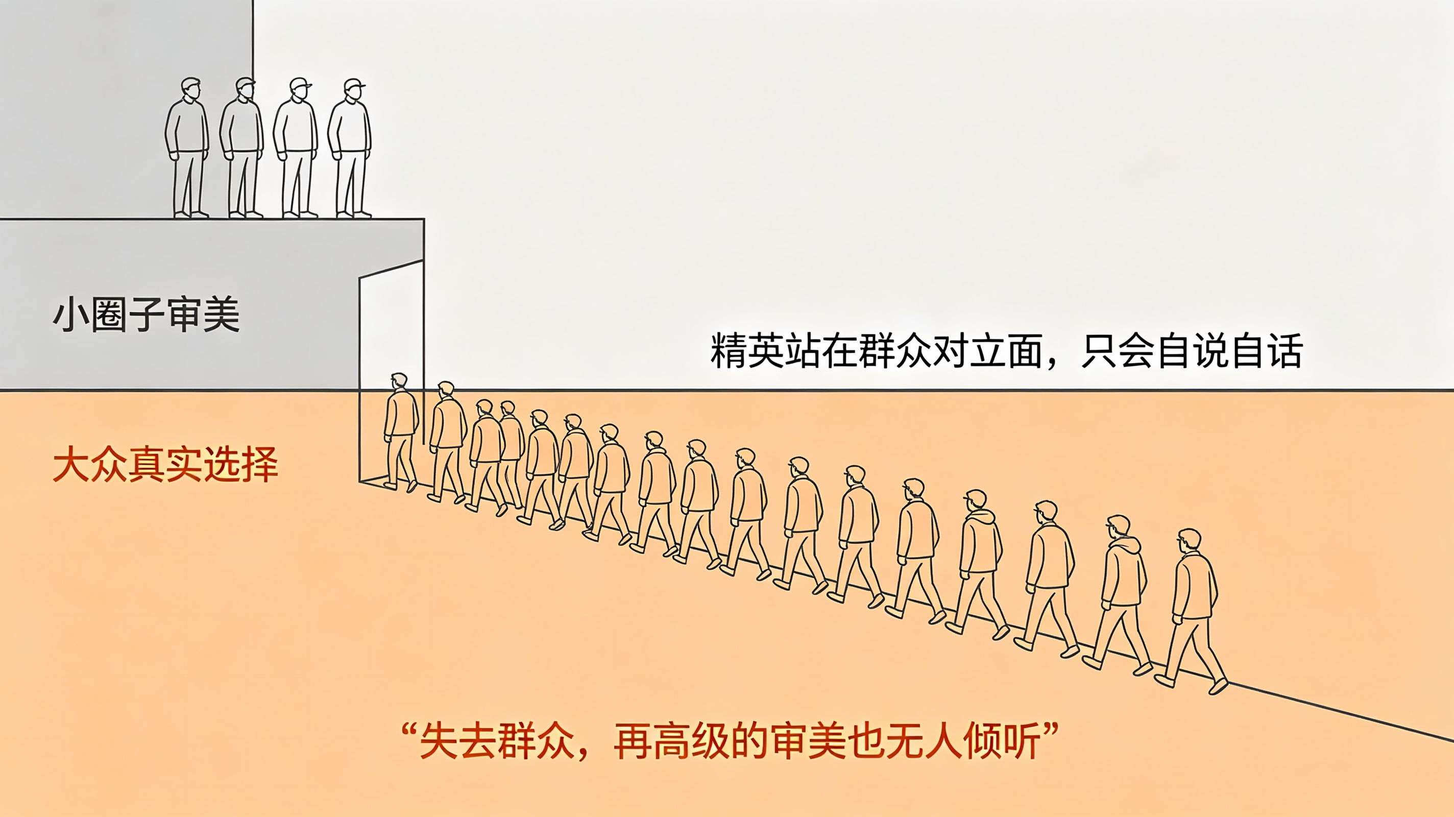精英幻觉:小圈子仰头指点,下方一大片群众低头走过